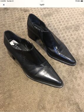 Franco Sarto Black Pointed Leather Oxfords with Block Heel